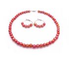 Girls Necklace Set Red/Orange Beads with Hoop Earrings Flower Girl Jewelry
