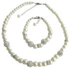 Pearl Necklace Bracelet Pave Ball Rhinestones Jewelry Ivory Pearl Set