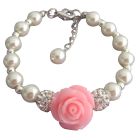 Pink Rose Flower Bracelet Ivory Pearl Paveball Bracelet