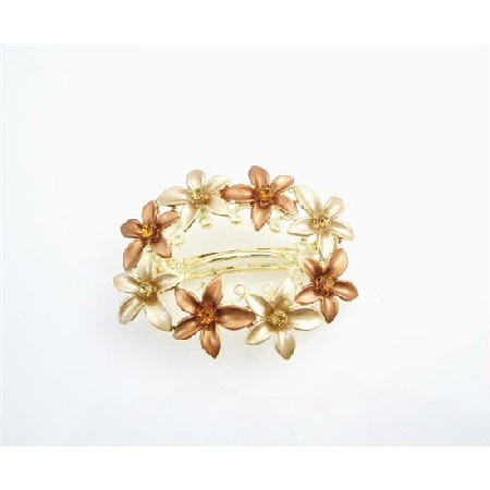 Gold Barrette Champagne Copper Enamel Flower Wedding Hair
