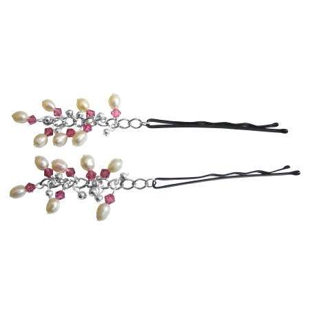 Handmade Bridal Hair Pin Freshwater Pearls & Rose Crystals Hair Pin