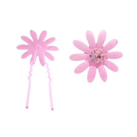 Girls Hair Pin Pink Flower w/ Rose Crystals Wedding Pin