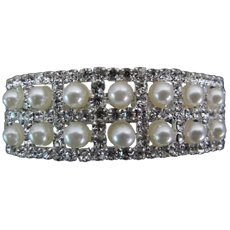 Bridal Barrette Silver Pearls & Rhinestone Lovely For Bride