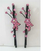 Pink Crystals Flower & Stem Pattern Pair Hair Pin/Clip Crystals Hair Accessories Pair 
