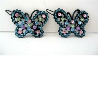 Aquamarine Hair Barrette w/ Multi Colored Rhinestones Butterfly Hair Clip