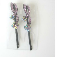 Flower Hair Pair Pin Pink Crystals Flower & Stem Pattern Pair Of Hair Pin/Clip 