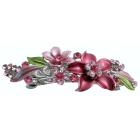 Prom Hair Barrette Barret Pink Flower Enamel w/ Green Leavs Fully Decorated with Pink Crystals Formal Hair Clip