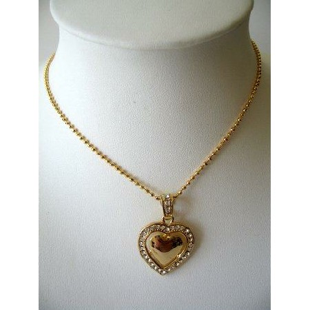 Gold & CZ Heart Pendant Gold Tone Shimmering Necklace 16 inches