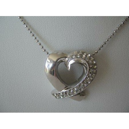 Diamante Necklace Silver CZ Heart Pendant Shimmering Choker 14 inches