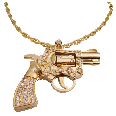Gold Gun Pendant Barrel Spins Shimmering Bling Bling Necklace Pistol