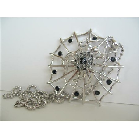 Silver & Black Spider Web Pendant Hip Hop Necklace w/ Black Crystals