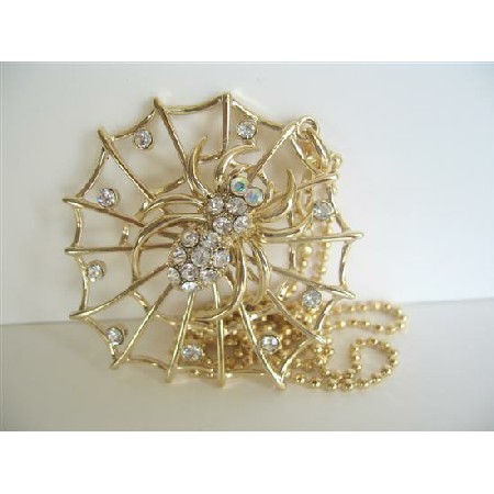 Yellow Gold Spider Web Pendant Hip Hop Necklace w/ Cubic Zircon