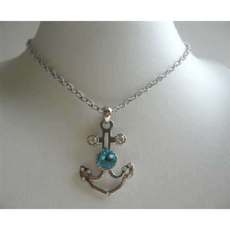 Anchor Pendant Necklace w/ Aquamarine Crystal Embedded Jewelry