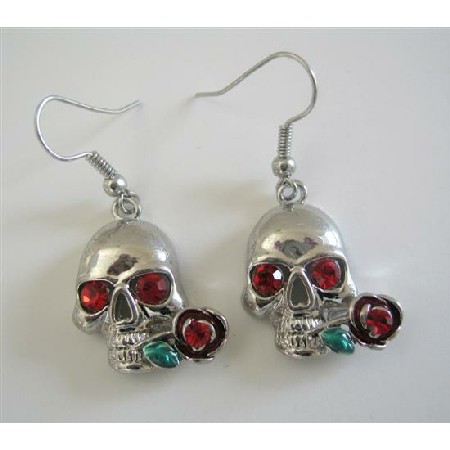 Hematite Skull Earrings Skeleton Jewelry Pierced Earrings w/ Red Eyes
