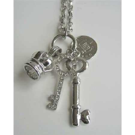 Crown Queen Elizabeth Coin 2 Shimmering Keys Pendant Dangling Necklace