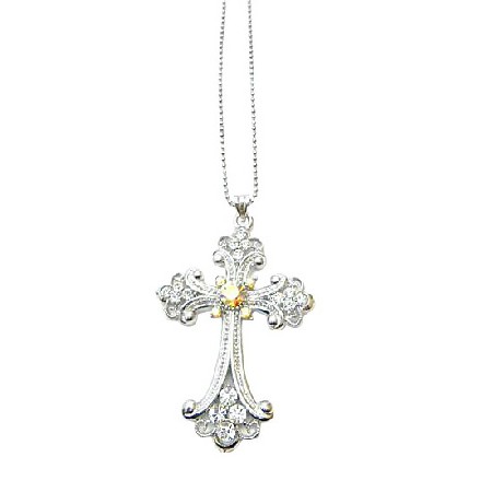 Crystals & Cubic Zircon Long Shimmering Cross Pendant Necklace