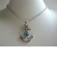 Anchor Pendant Necklace w/ Aquamarine Crystals Embedded Pendant Necklace 