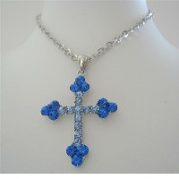 Cross Pendant Necklace Aquamarine Saphire w/ Fully Embedded Rhinestones Shades of Blue  26 Inches Necklace