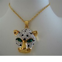 Janguar Pendant Necklace 22k Gold Plated Penadant w/ Cubic Zircon & Sparkling Green Eyes! 