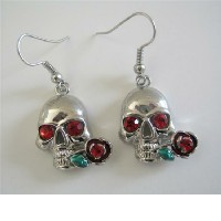 Hematite Skull Earrings Skeleton Jewelry Pierced Earrings w/ Sparkling Red Eyes 