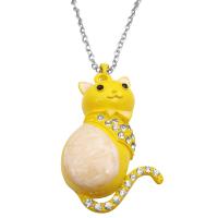 Fat Cat Pendant Cute Sweet Cat Pendant Yellow & White With Diamante Spread On Body Decorated w/ Bow Long Tail Cat Pendant Necklace