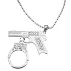 Pistol Gun w/ Handcuff Dangling Sparkling Diamond Cubic Zircon Embedded On Gun/Pistol Handcuff Necklace