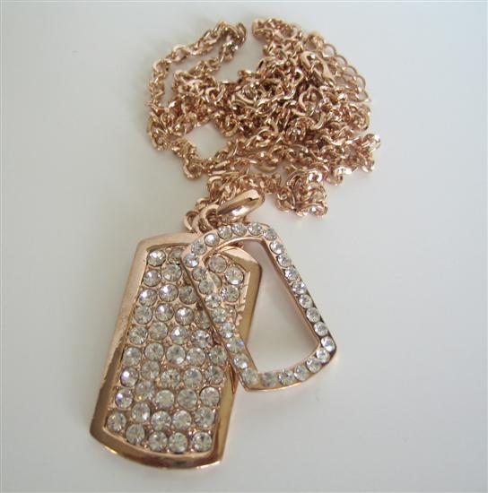 Copper Double Dog Tag Hip HOp Necklace ICe Shimmering w CZ 28 Inches Long