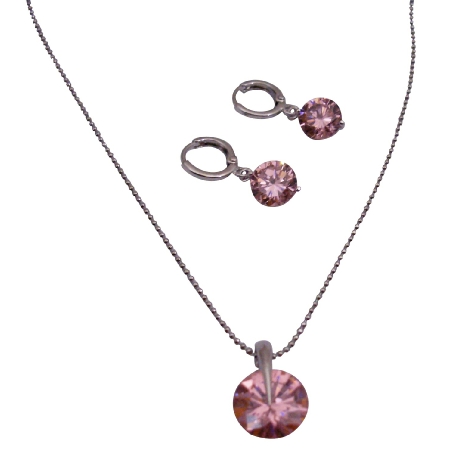 Rose Crystals Round Shaped Pendant & Earrings Set
