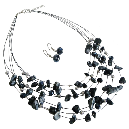 Wedding Gift Multi Strand Necklace Black Agate Silver Bead Jewelry Set