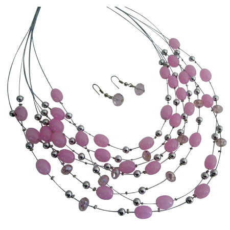 Cool Pink Jewelry Multi Strand Necklace Pink Beads Cute Earrings Set