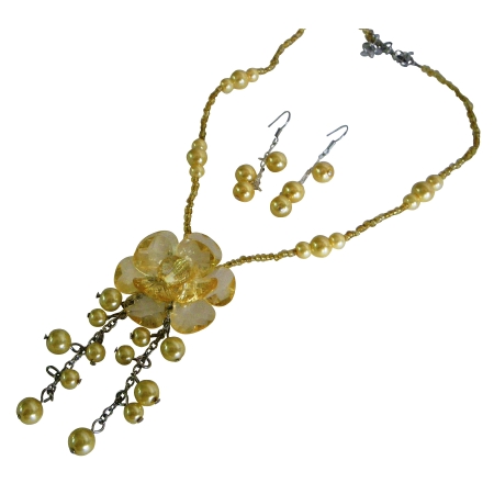 Wedding Jewelry Beautiful Flower Pendant Dangling Pearls Necklace Set