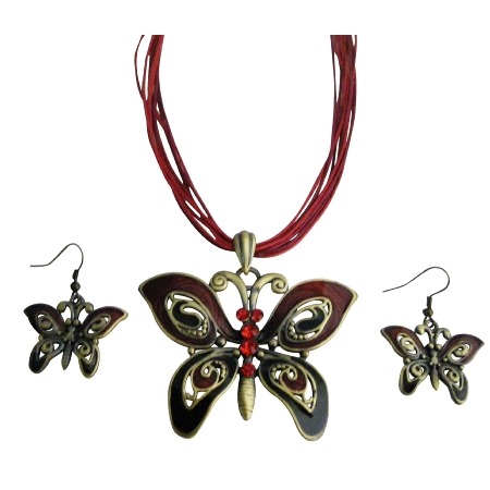 Ethnic Party Siam Rhinestones Red Butterefly Pendant Necklace Set