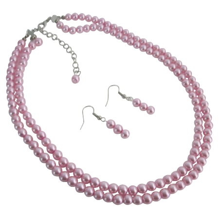 Pearl Jewelry For Wedding Pink Pearl Double Stranded Necklace Earrings Set