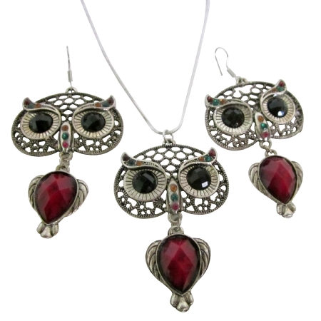 Owl Nocturnal Bird Glowing Eyes Pendant Earrings Sign Of Wisdom Jewelry