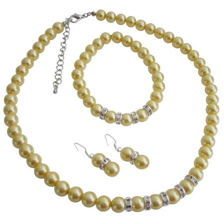 Sparkling Rhinestones Rings Spacer Yellow Pearls Wedding Jewelry Set