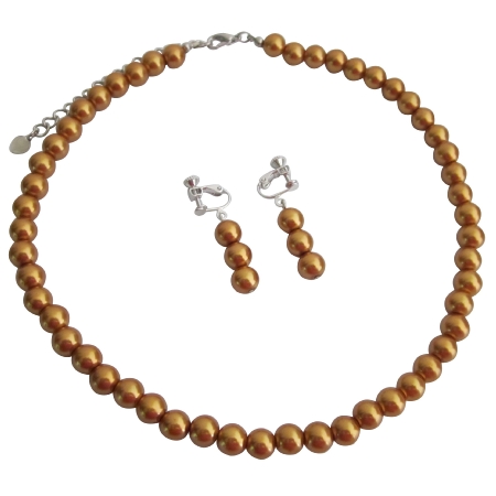 Gold Pearls Clip On Earrings Necklace Set