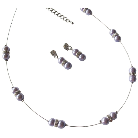 Lilac Pearls Floating Illusion Necklace Rhinestones with Earrings
