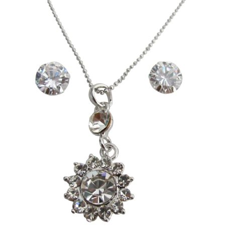 Mother's Gift Sunflower Crystal Necklace Pendant w/ Stud Earrings