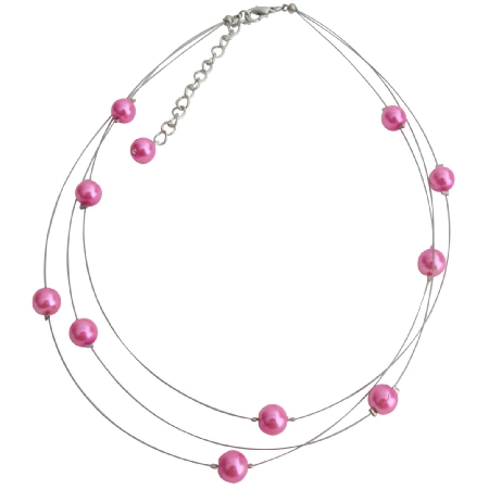 Three Stranded Hot Pink Pearls Floating Necklace Earrings Set