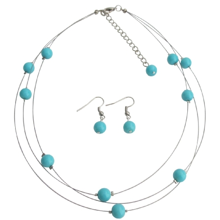 Illusion Floating Turquoise Blue Pearls Three Stranded Necklace Earrings