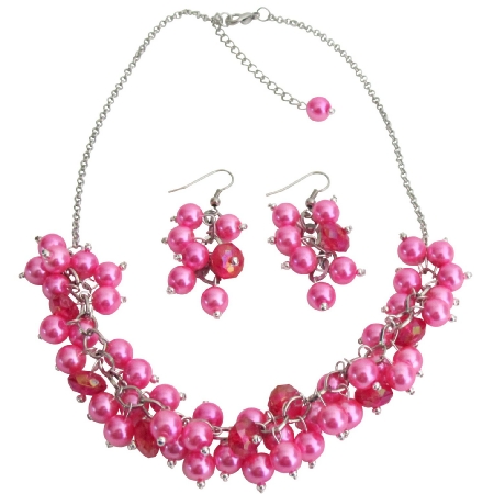 Bridesmaid Affordable Hot Pink Cluster Necklace Set Gorgeous Wedding Gift