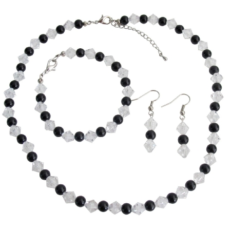 Bridesmaid Gift Black Pearls Clear Crystals Complete Jewelry Set