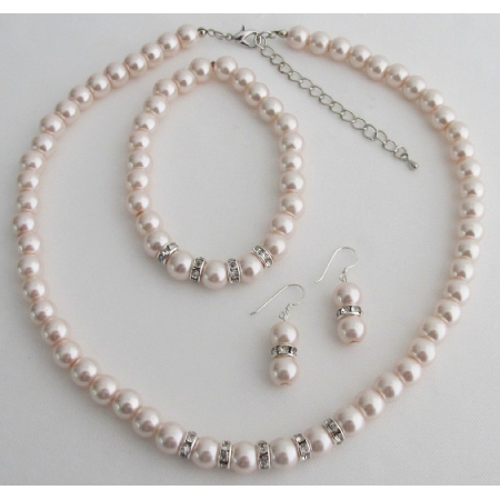 Blush Pink Pearl Rhinestones Necklace Earrings Bracelet Wedding Set