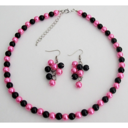 Hot Pink Black Pearl Jewelry Set Wedding Color Necklace Earrings