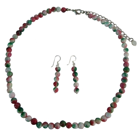 Simulate Fancy Agate Beads Necklace w/ Sterling Silver Earrings Handcrafted Jewelry