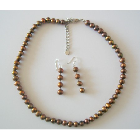 Brown Metallic Round Freshwater Pearl Necklace Set Custom Handcrafted Jewelry