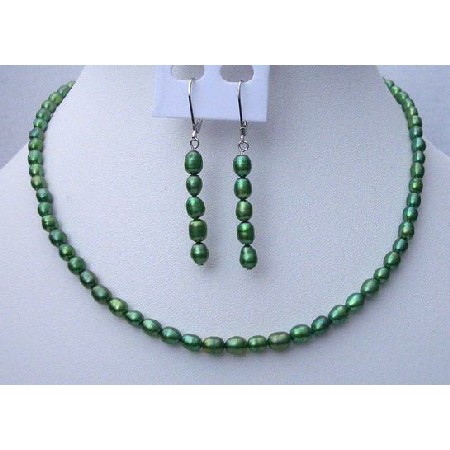 Rice Freshwater Pearl Jewelry Metallic Green Color Handmade Necklace & Fish Wire Earrings
