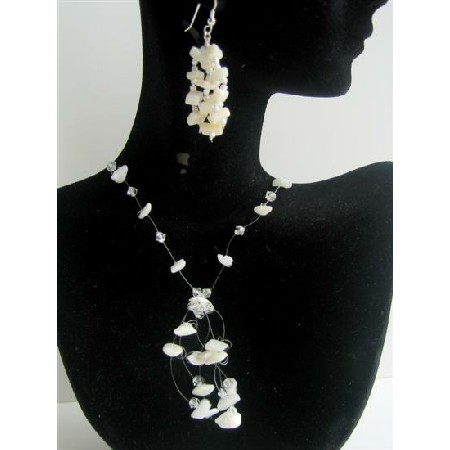 Opal Stone Chip & Clear crystal Necklace Set w/ Tassel Drop Handmade w/ Sterling Earrings