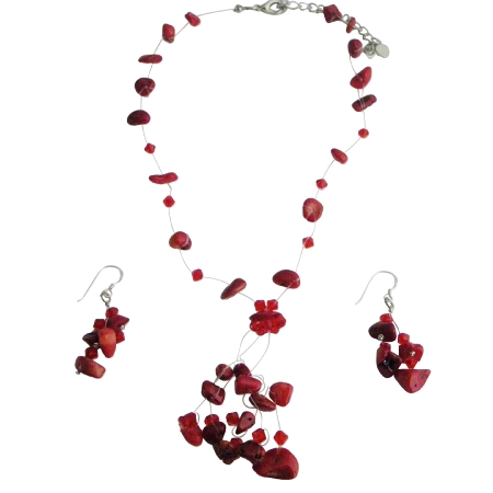 Coral Floating Necklace Set w/ Siam Red Crystal Tassel Drop Hndcrafted Jewelry w/ Sterling Earrings