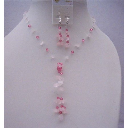 Pink Nugget Handcrafted Necklace Set & Sterling Silver Earrings w/ Tassel